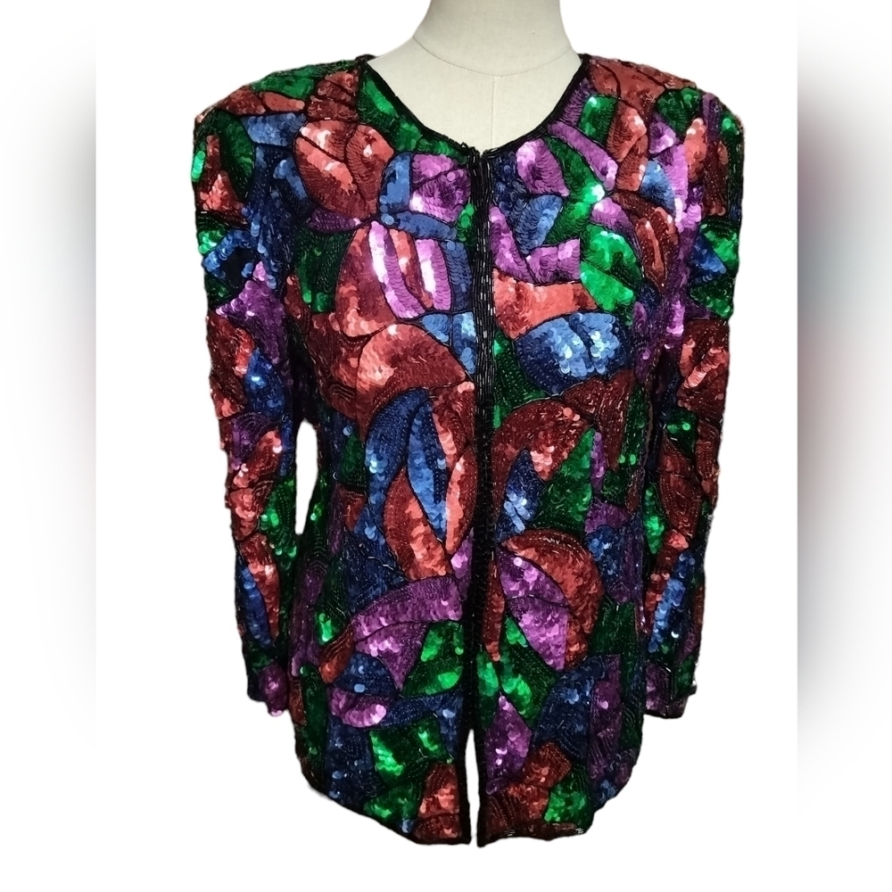 1614)Vintage SWEELO Silk Fully Sequined Beaded Luxury Evening Jacket L (10/12)